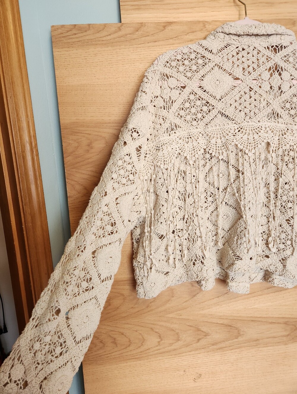 MISS ME CROCHET LACE FRINGE BOHO WESTERN FESTIVAL CREAM SHACKET CARDIGAN LARGE - Picture 9 of 16